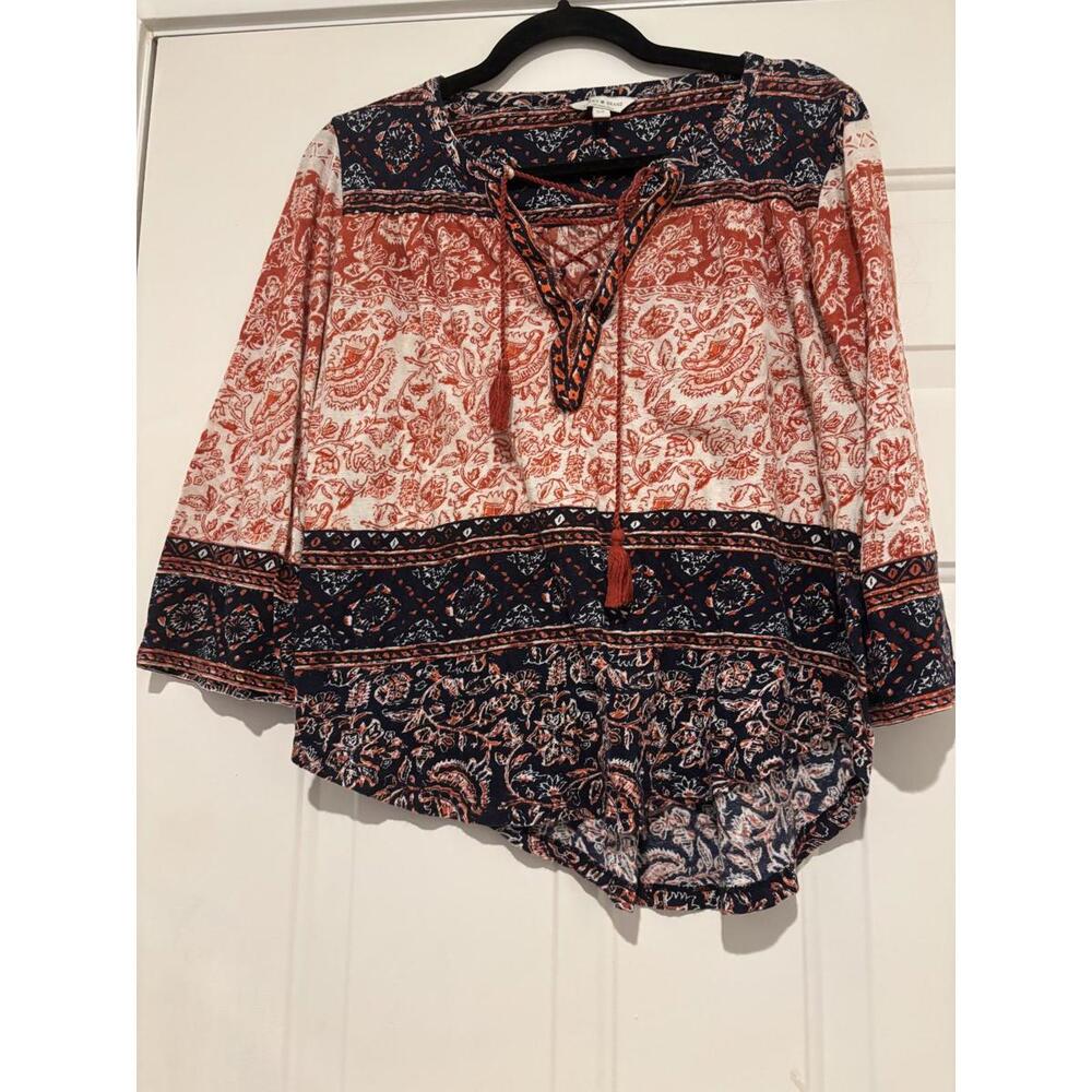 Lucky Brand women's sz S boho‎ hippie blue/red shirt 3/4 length sleeves #1439